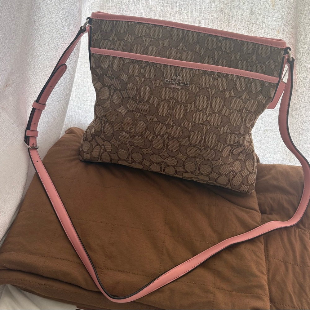 Coach Y2K Signature File Crossbody Bag Khaki Strawberry Pink Canvas Leather Trim